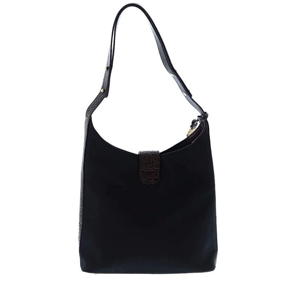 Vintage Brahmin Solid Dark Nylon Croc Style Leather Handle Accents Shoulder Bag - Picture 5 of 16